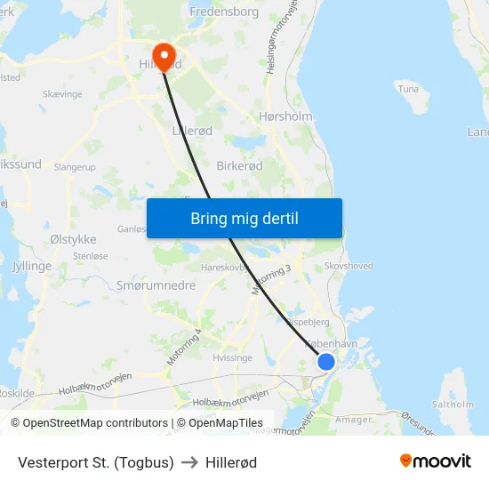 Vesterport St. (Togbus) to Hillerød map
