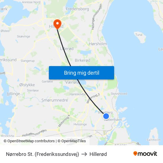 Nørrebro St. (Frederikssundsvej) to Hillerød map