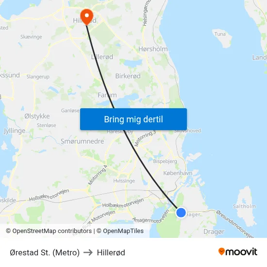 Ørestad St. (Metro) to Hillerød map