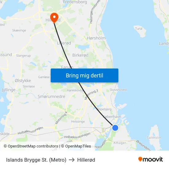 Islands Brygge St. (Metro) to Hillerød map
