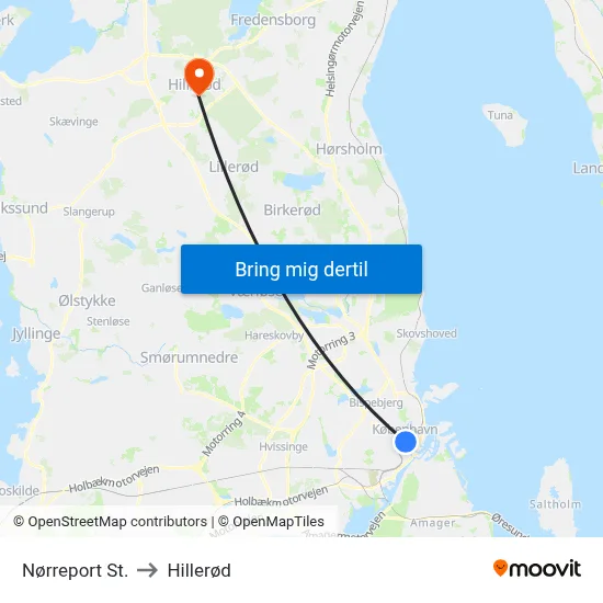 Nørreport St. to Hillerød map