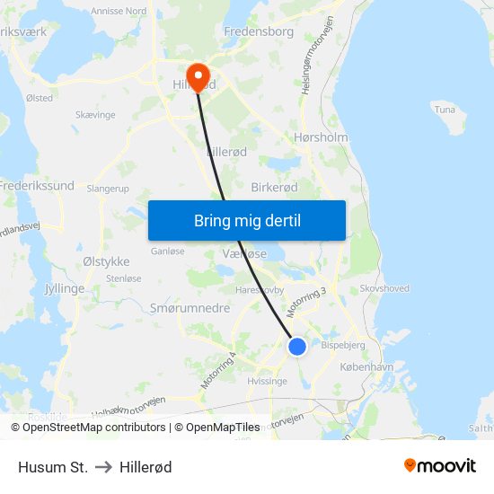 Husum St. to Hillerød map