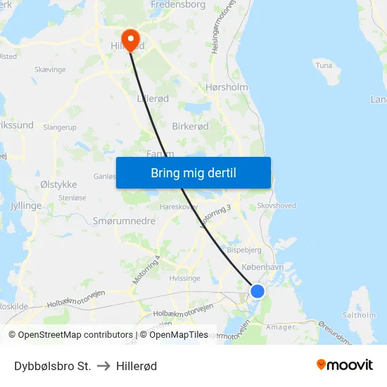 Dybbølsbro St. to Hillerød map