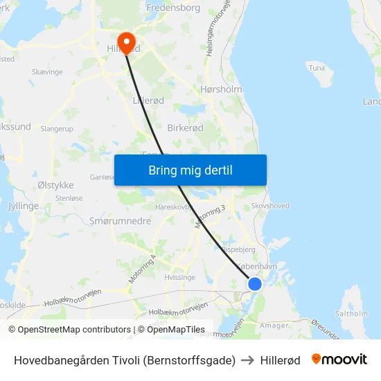 Hovedbanegården Tivoli (Bernstorffsgade) to Hillerød map