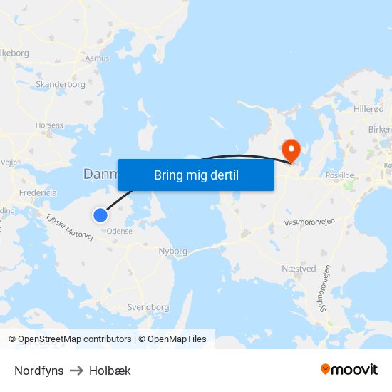 Nordfyns to Holbæk map