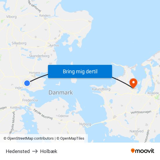 Hedensted to Holbæk map