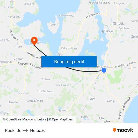 Roskilde to Holbæk map