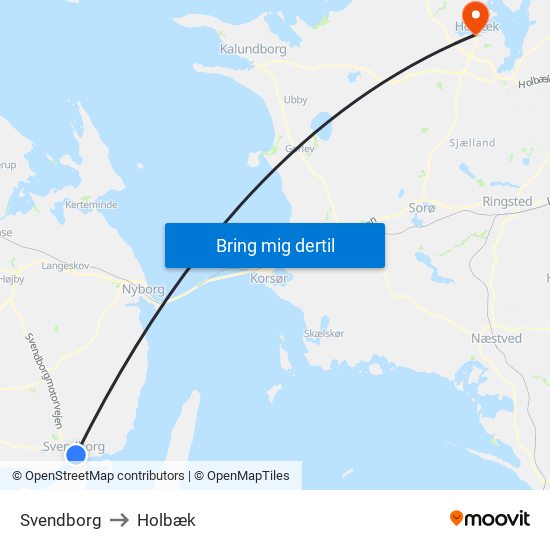 Svendborg to Holbæk map