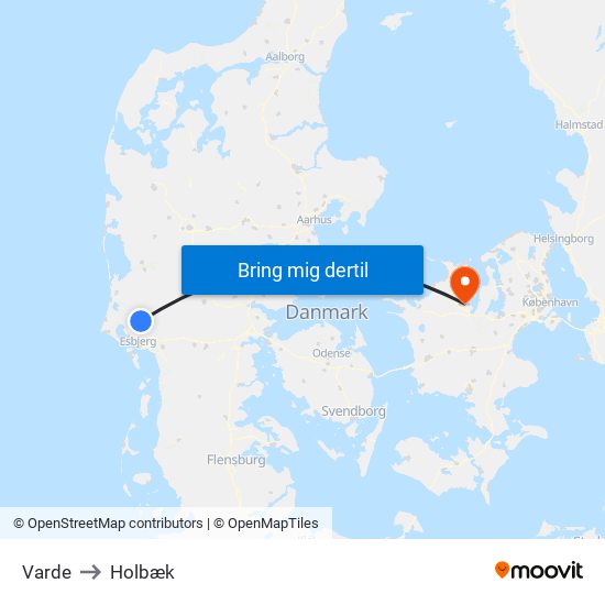 Varde to Holbæk map