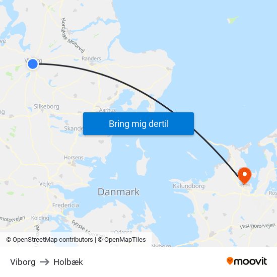 Viborg to Holbæk map