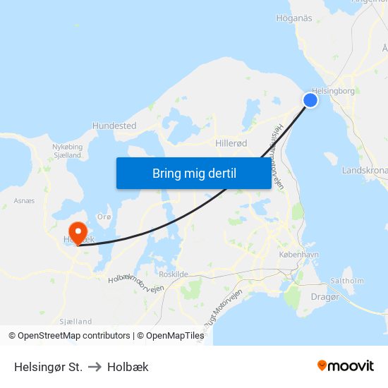 Helsingør St. to Holbæk map
