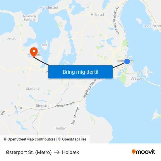 Østerport St. (Metro) to Holbæk map
