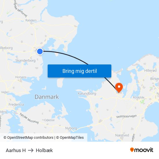 Aarhus H to Holbæk map