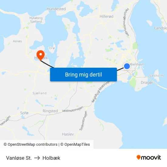 Vanløse St. to Holbæk map