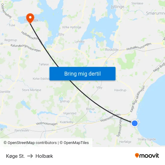 Køge St. to Holbæk map