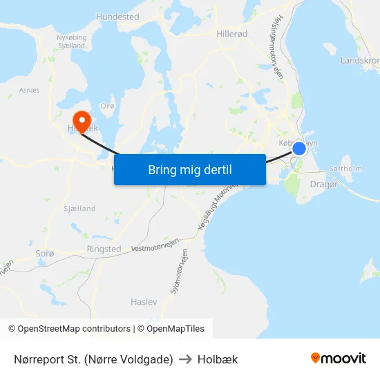 Nørreport St. (Nørre Voldgade) to Holbæk map