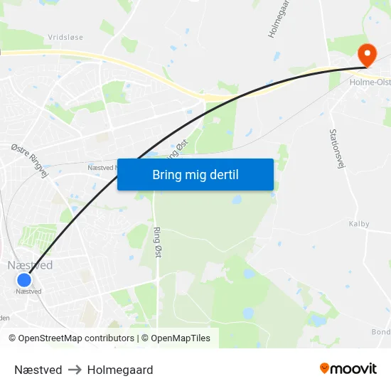 Næstved to Holmegaard map