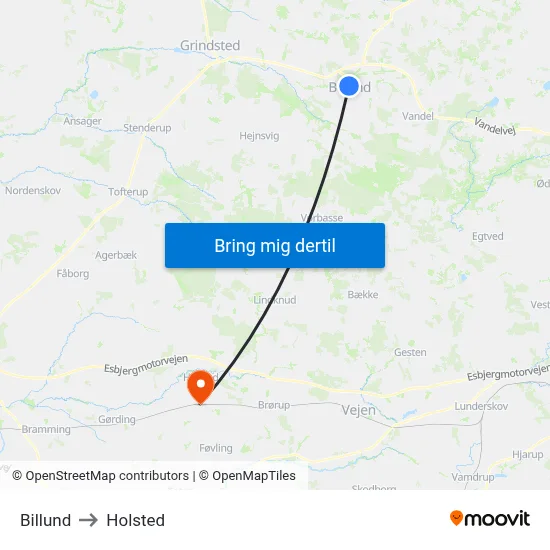 Billund to Holsted map