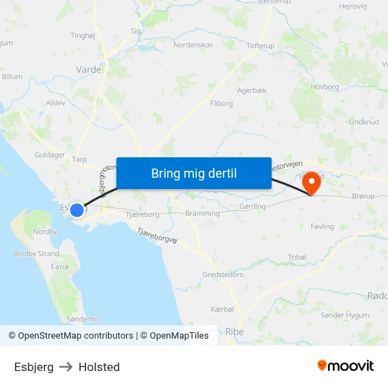 Esbjerg to Holsted map