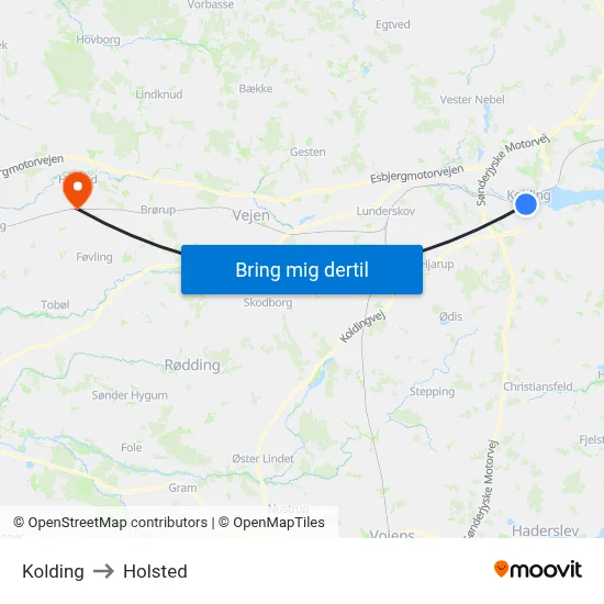 Kolding to Holsted map