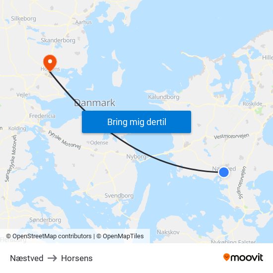 Næstved to Horsens map