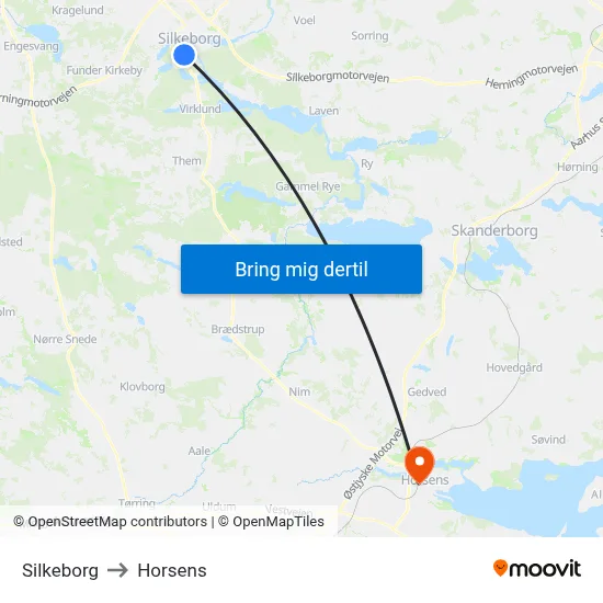 Silkeborg to Horsens map