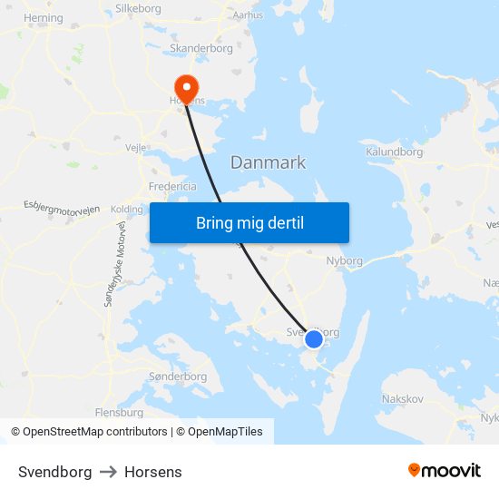 Svendborg to Horsens map