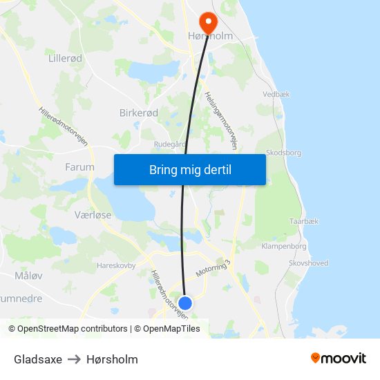 Gladsaxe to Hørsholm map