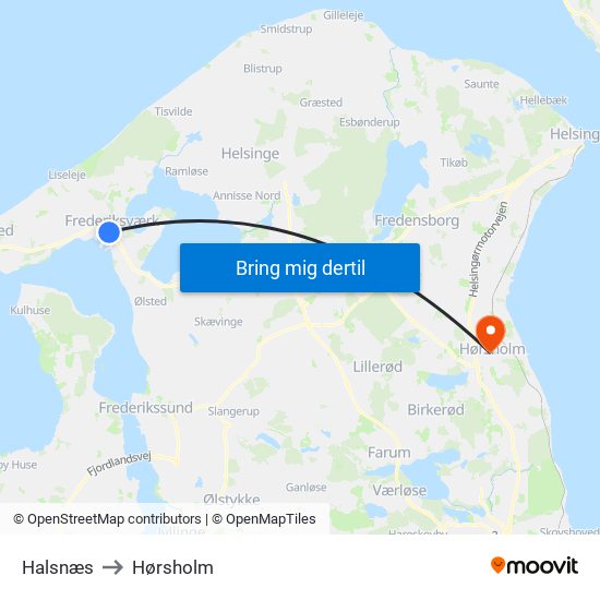 Halsnæs to Hørsholm map