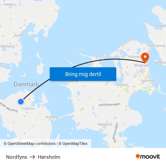 Nordfyns to Hørsholm map