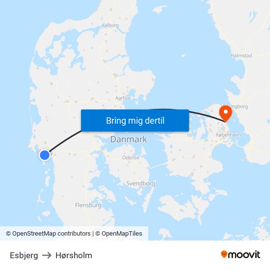 Esbjerg to Hørsholm map