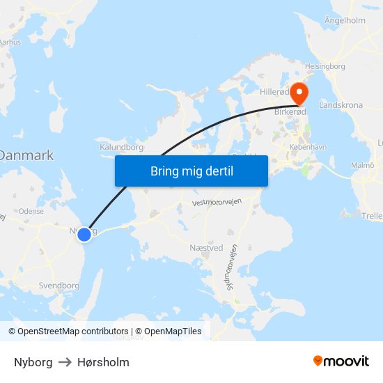 Nyborg to Hørsholm map