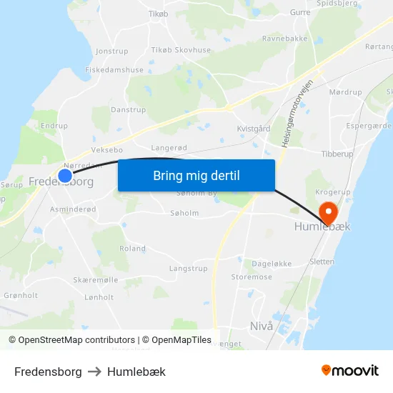 Fredensborg to Humlebæk map