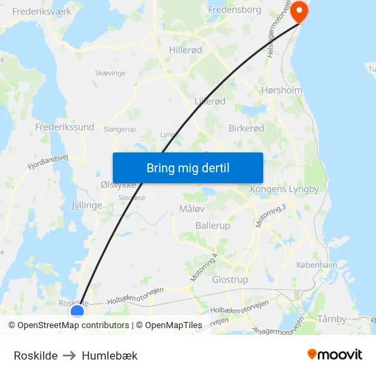 Roskilde to Humlebæk map