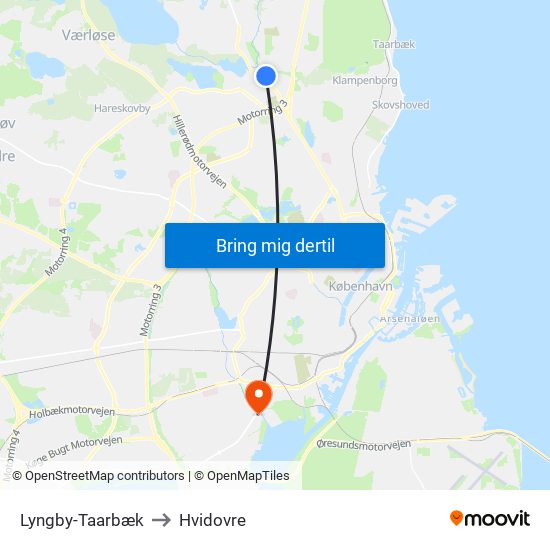Lyngby-Taarbæk to Hvidovre map
