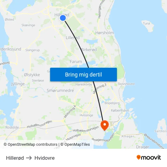 Hillerød to Hvidovre map