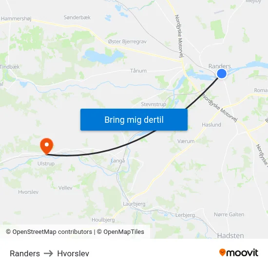Randers to Hvorslev map