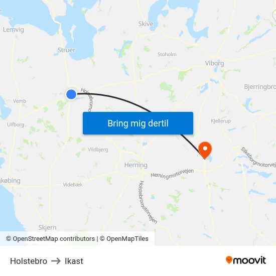 Holstebro to Ikast map
