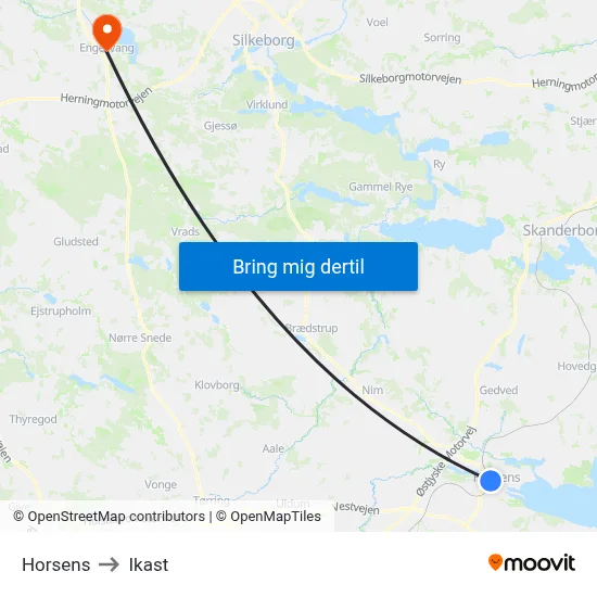 Horsens to Ikast map