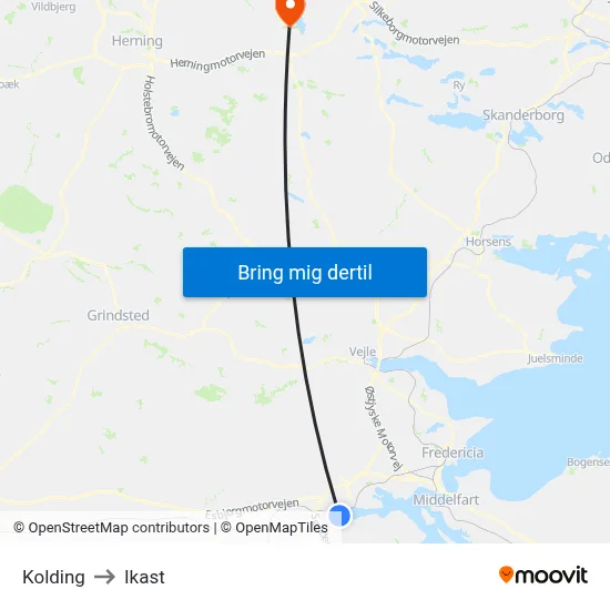 Kolding to Ikast map
