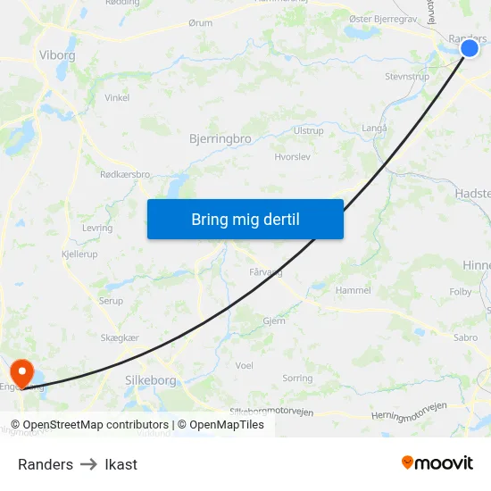 Randers to Ikast map