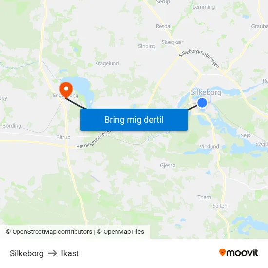Silkeborg to Ikast map
