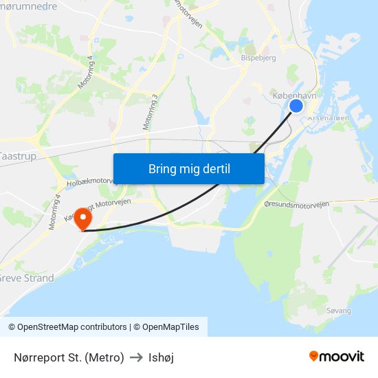 Nørreport St. (Metro) to Ishøj map
