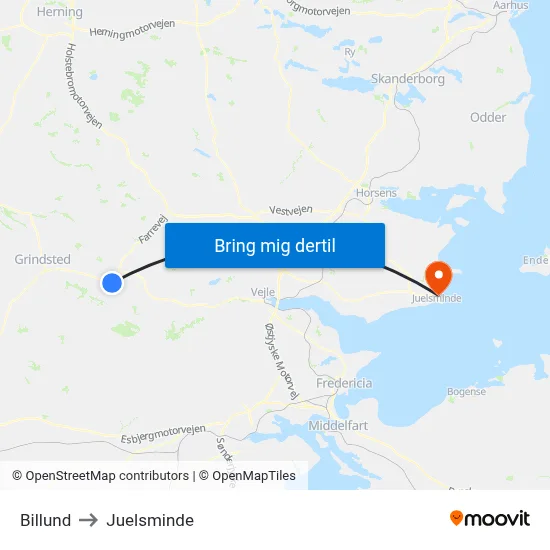 Billund to Juelsminde map