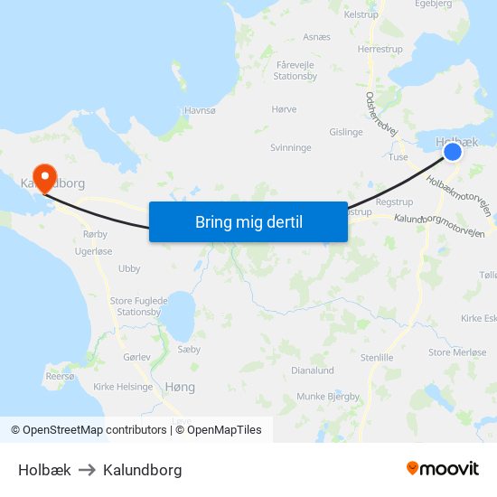 Holbæk to Kalundborg map