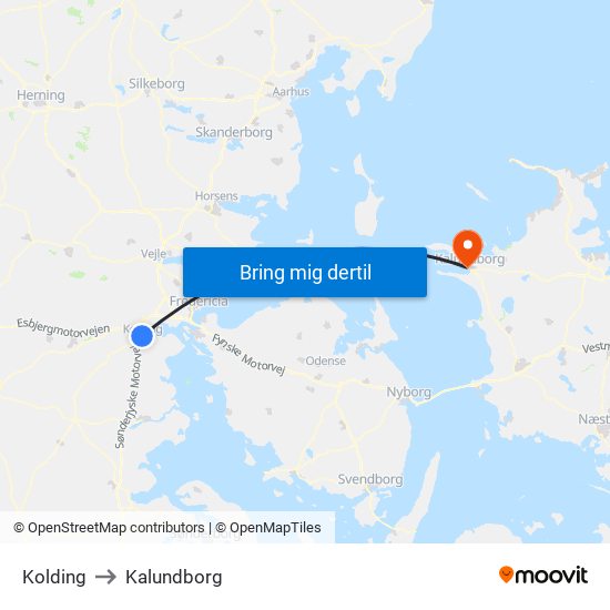 Kolding to Kalundborg map