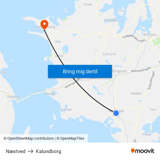 Næstved to Kalundborg map