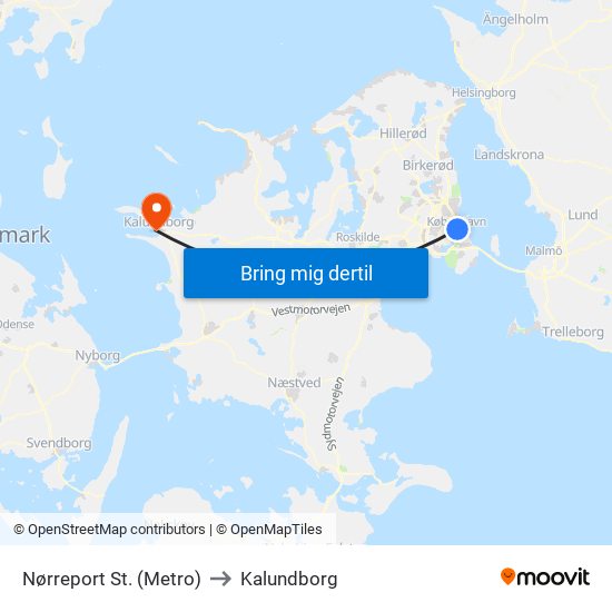 Nørreport St. (Metro) to Kalundborg map