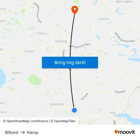 Billund to Karup map