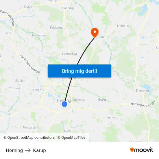Herning to Karup map